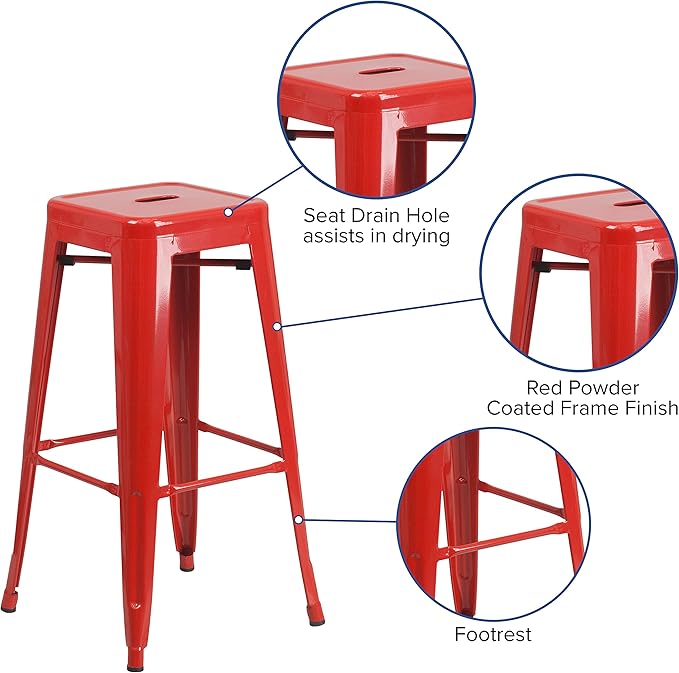 Flash Furniture Commercial Grade 30" High Backless Red Metal Indoor-Outdoor