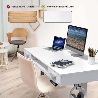 SHW 48-Inch Electric Height Adjustable Desk with Keyboard Tray and 2 Drawers, White