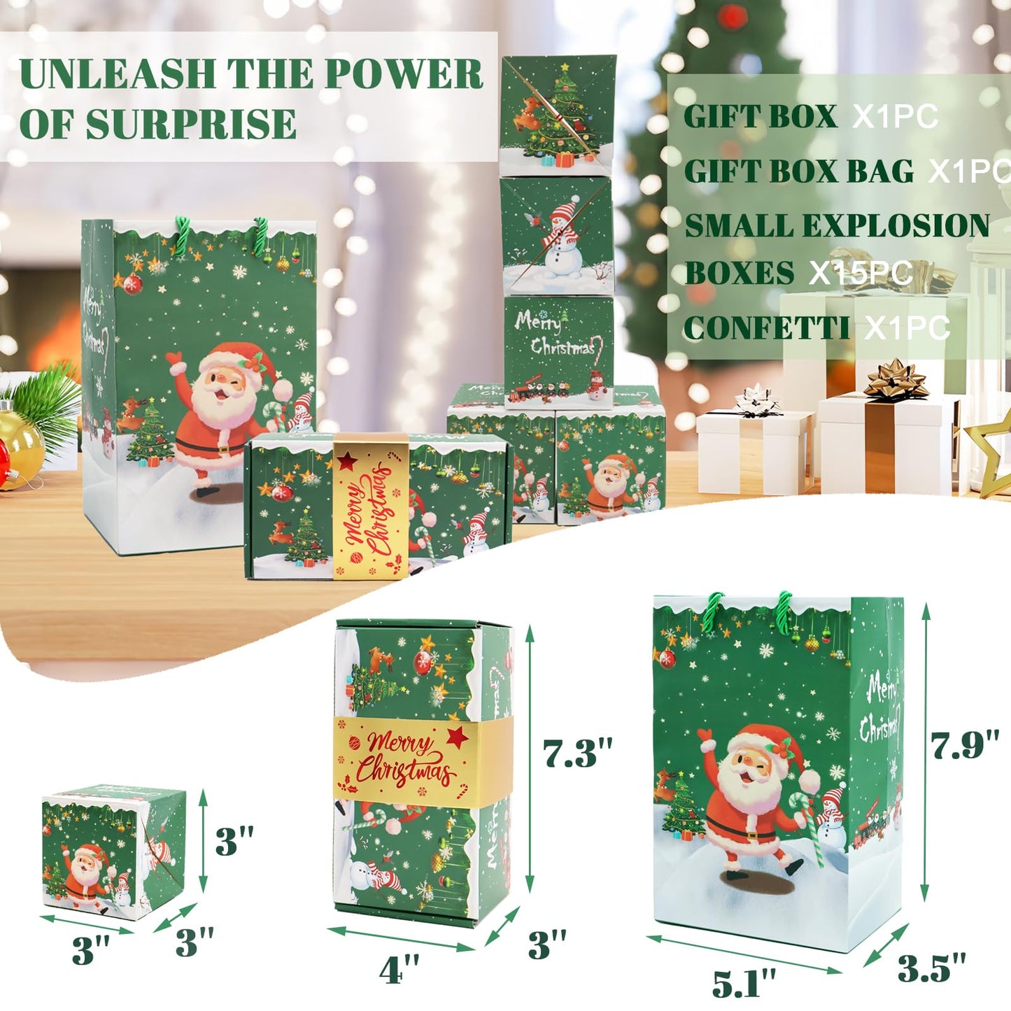 Surprise Gift Box Explosion for Money, Unique Folding Bouncing Red Envelope Gift Box with Confetti, Cash Explosion Luxury for Birthday Anniversary Valentine Proposal (15 Bounces) (Green Christmas)