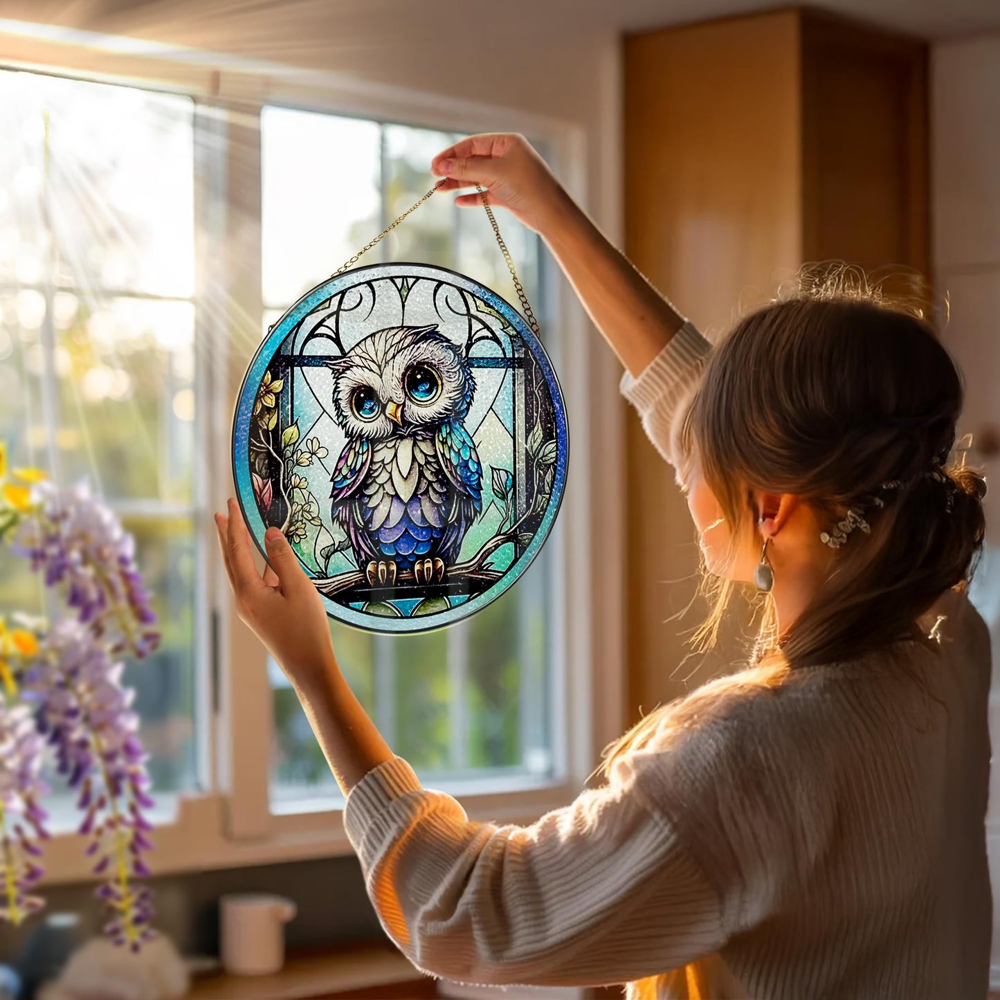 8 Inch Stained Glass Suncatcher Ornament, DOUHASU Owl Sun Catchers Indoor Window, Stained Glass Window Hanging, Home Decor, Owl Lovers Gifts for Women, Men, Friend, Relative