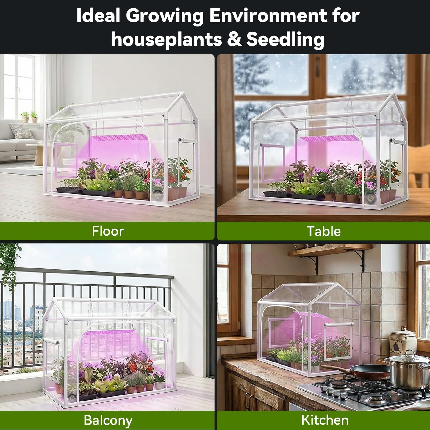 Mini Greenhouse with Grow Light & Timer & Hygrothermograph, 30"x16"x20" Indoor/Outdoor Tabletop Greenhouse with 96 LEDs Dimmable Full-Spectrum Lights (3 Colors), for Houseplants,Seedlings, Outside