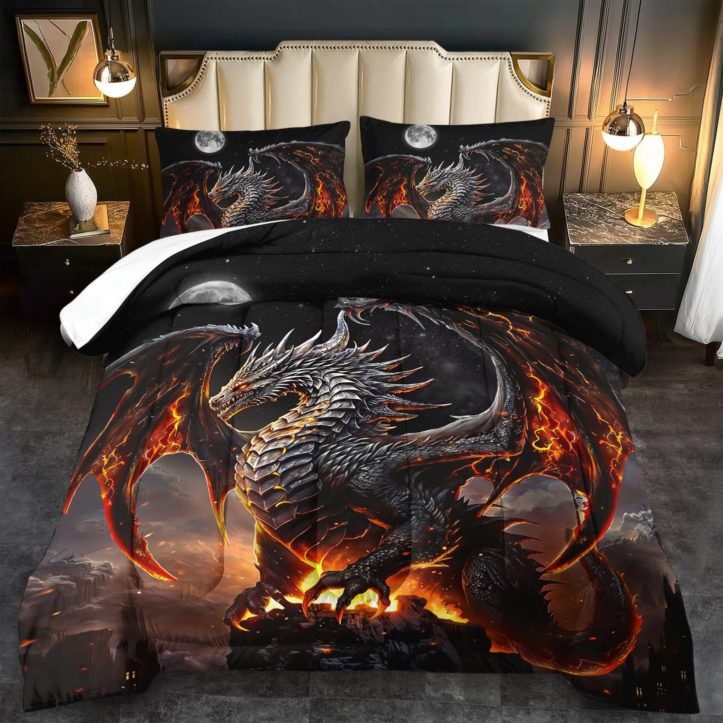 llyxsesty Black Dragon Comforter Set Full Adult,Flame Dragon Bedding Set for Boys,Magical Beast Bedding Fantasy Animal Comforter Beedroom Decor,Magical Beast Quilt Bed Decor