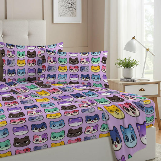 Allenjoy Queen Size Colorful Cartoon Cats Fitted Sheet Repeating Face Pattern Bed Flat Sheets Bedding Set Deep Pockets Up to 16" Bedroom Decor with 2 Pillowcases