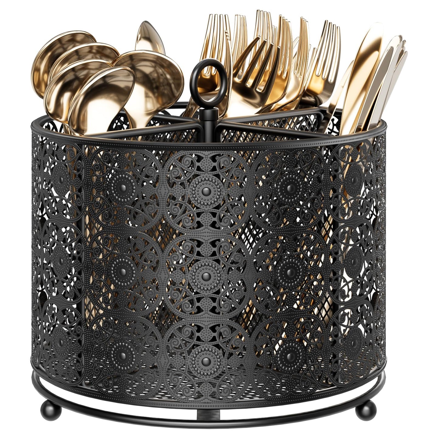 YIUKEA 360° Rotating Utensil Caddy Countertop - Cutlery Silverware Caddy Holder with 4 Compartment - Higher Raised Flatware Organizer with Handle for Party Kitchen Counter Office Black