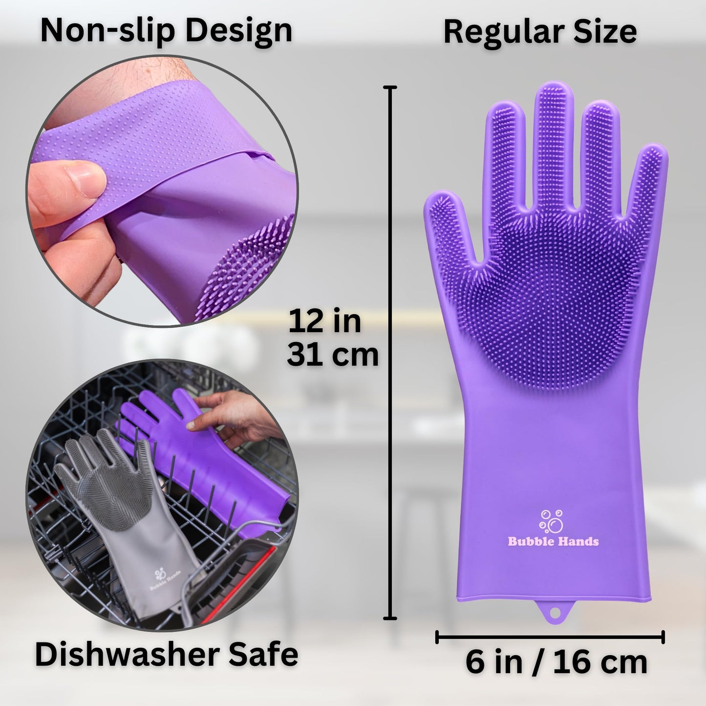 Bubble Hands Dog Washing Gloves with Bristle Scrubbers, Reusable Silicone Gloves Ideal for Pet Bathing, Massaging & Grooming (Purple)