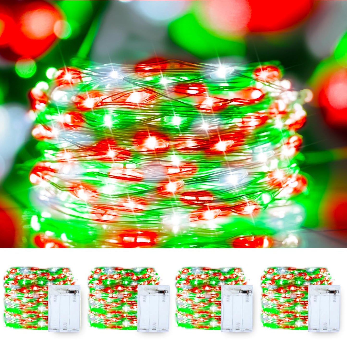 Christmas String Lights Red Green White Copper Wire, 4 Pack 400LED Fairy Lights Waterproof Twinkle Lights for Xmas, Bedroom, Garden, Patio, Outdoor Decor- Red White Green