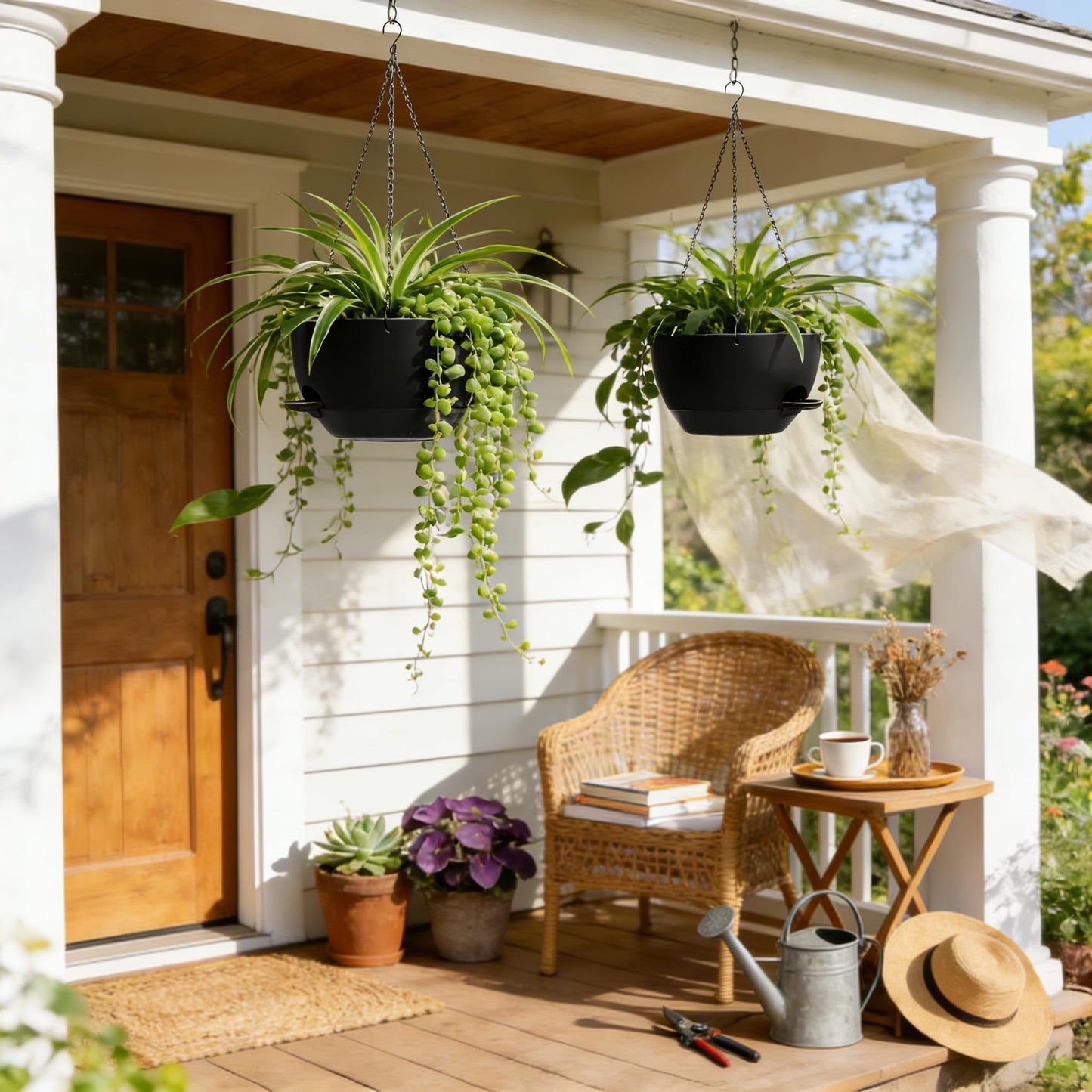 UOUZ 13 Inch 2 Pack Large Self Watering Hanging Planters for Indoor Outdoor Plants, Hanging Plant Pots with Removable 50 Oz Reservoir, Plastic Hanging Basket for Window Porch Garden Balcony, Black