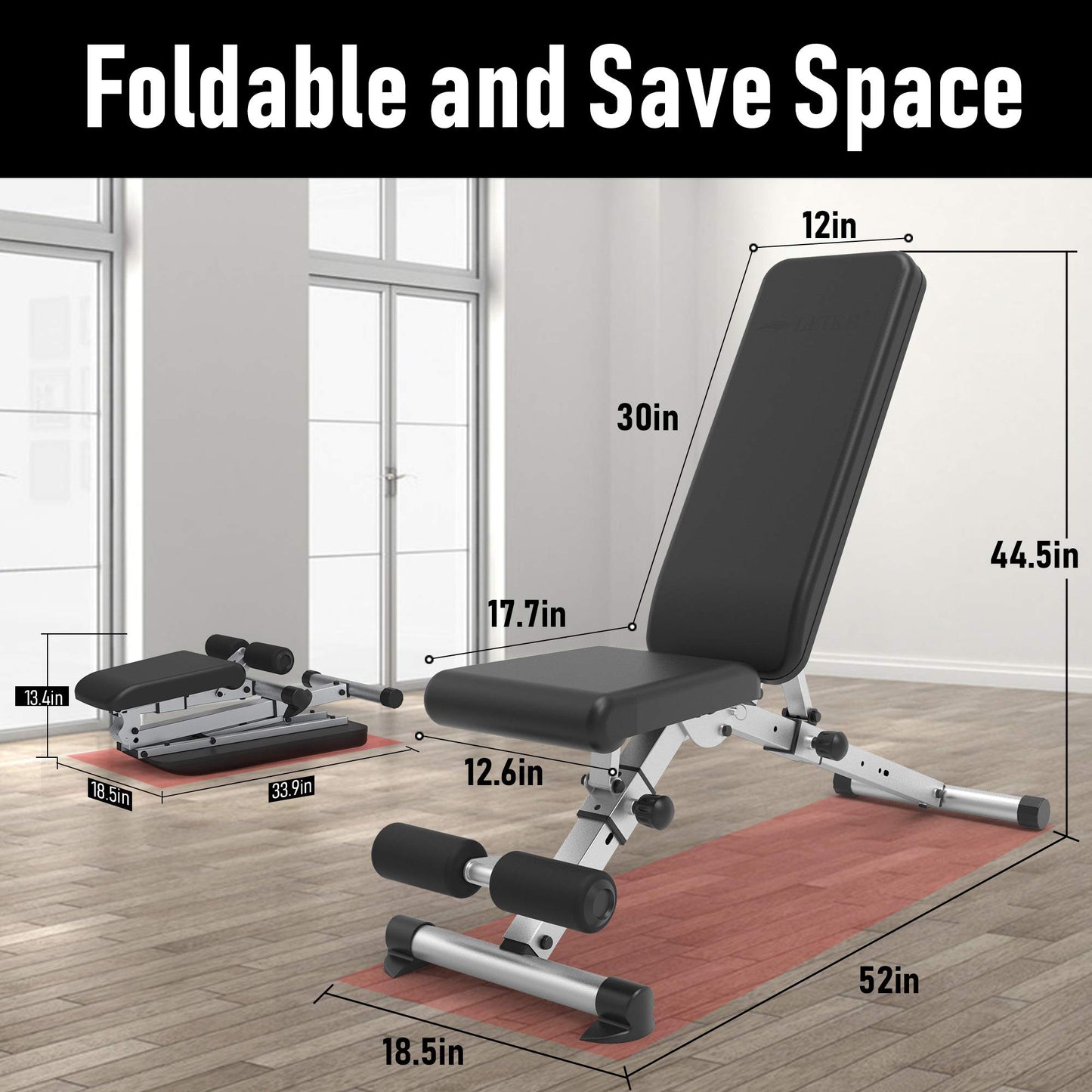 leikefitness Adjustable Weight Bench Foldable Workout Exercise Bench with Automatic Lock for Upright Incline Decline and Flat Full Body Exercise