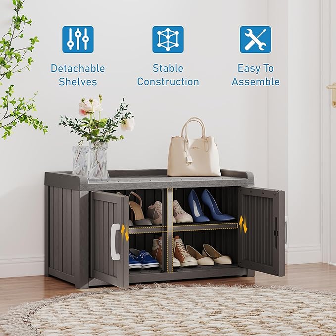 2-Tier Storage Bench, Waterproof UV-Resistant Outdoor Shoe Storage Cabinet with 2 Doors & Adjustable Shelves for Indoor Outdoor Entryway, Hallway, Living Room (Grey)