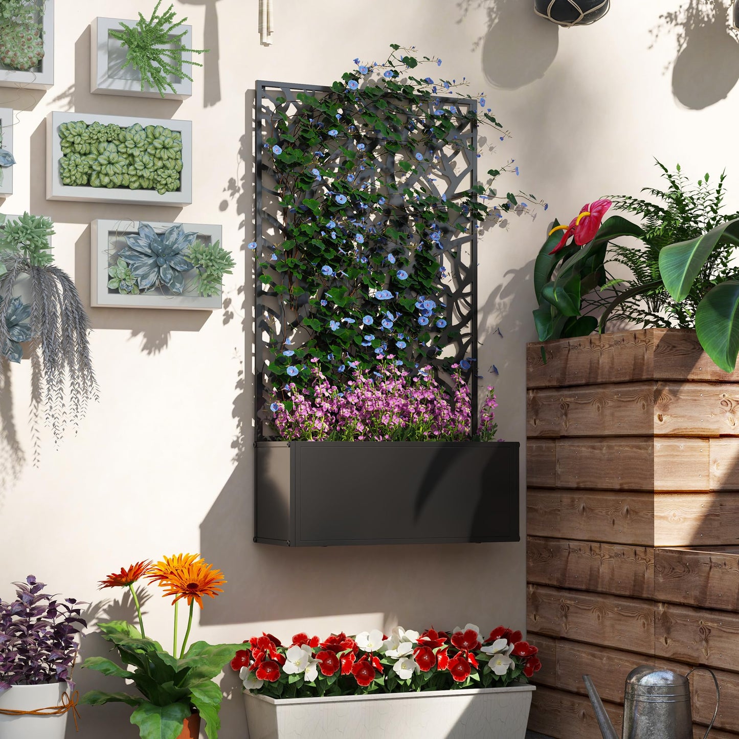 Outsunny Metal Raised Garden Bed with Trellis for Climbing Plants, Freestanding or Wall Mounted Flower Bed with Privacy Panel, Two Big Tree Cut-Outs Outdoor Planter Box for Garden, Patio, Balcony