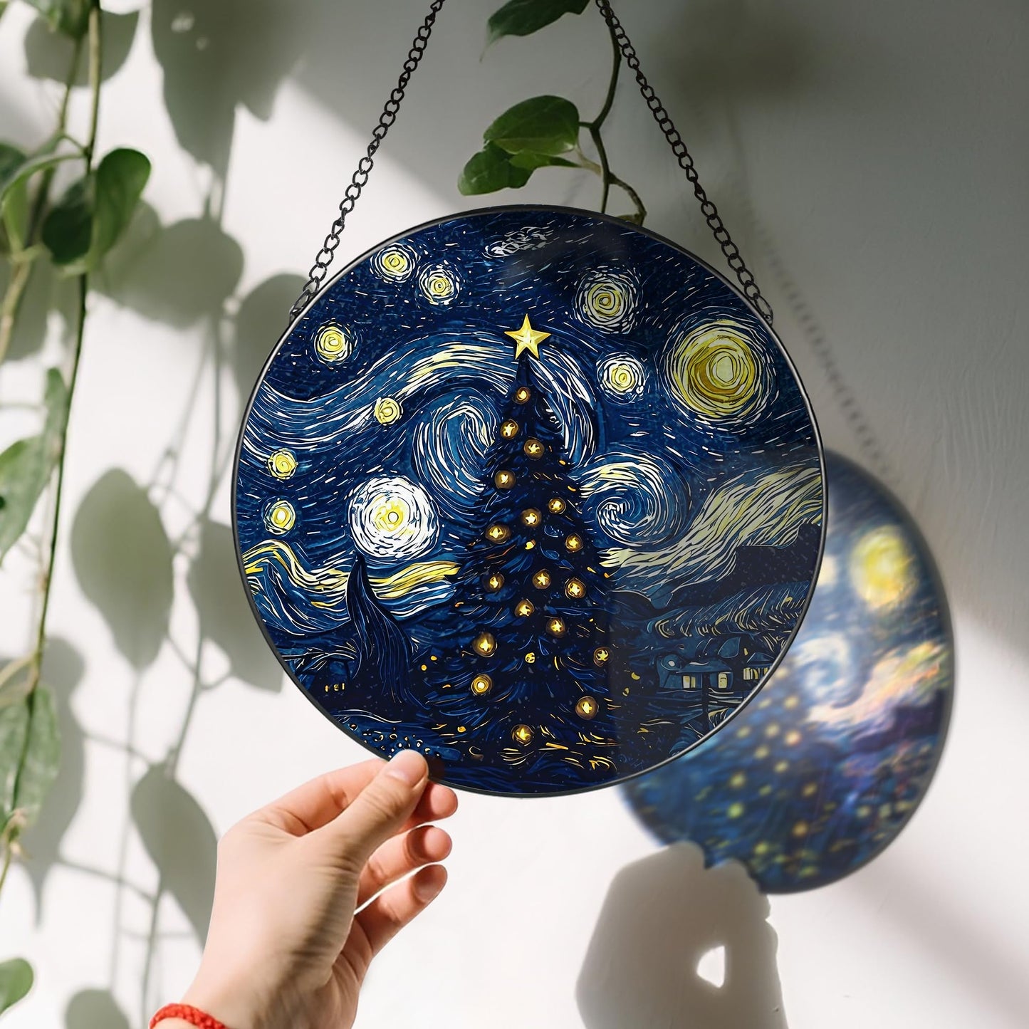 8-Inch Starry Night Christmas Tree Suncatcher Ornament, Stained Glass Window Hanging & Stained Glass Holiday Ornament, Sun Catcher Window Decor, Van Gogh’s Keepsake, Gifts for Christmas & Holidays