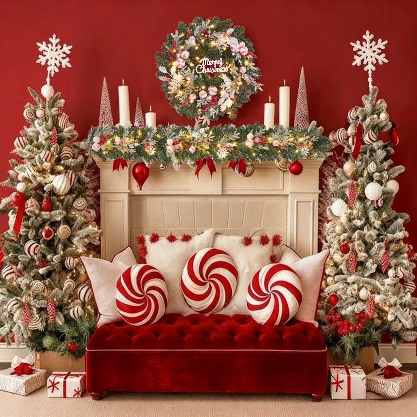 6ft red White Christmas Candy Garland with Lights,30 LED with Timer, Lighted Door,Fireplace, Mantel and Stairs Winter Decor,Entryway Porch Decoration,prelit Christmas Garland for Front Door