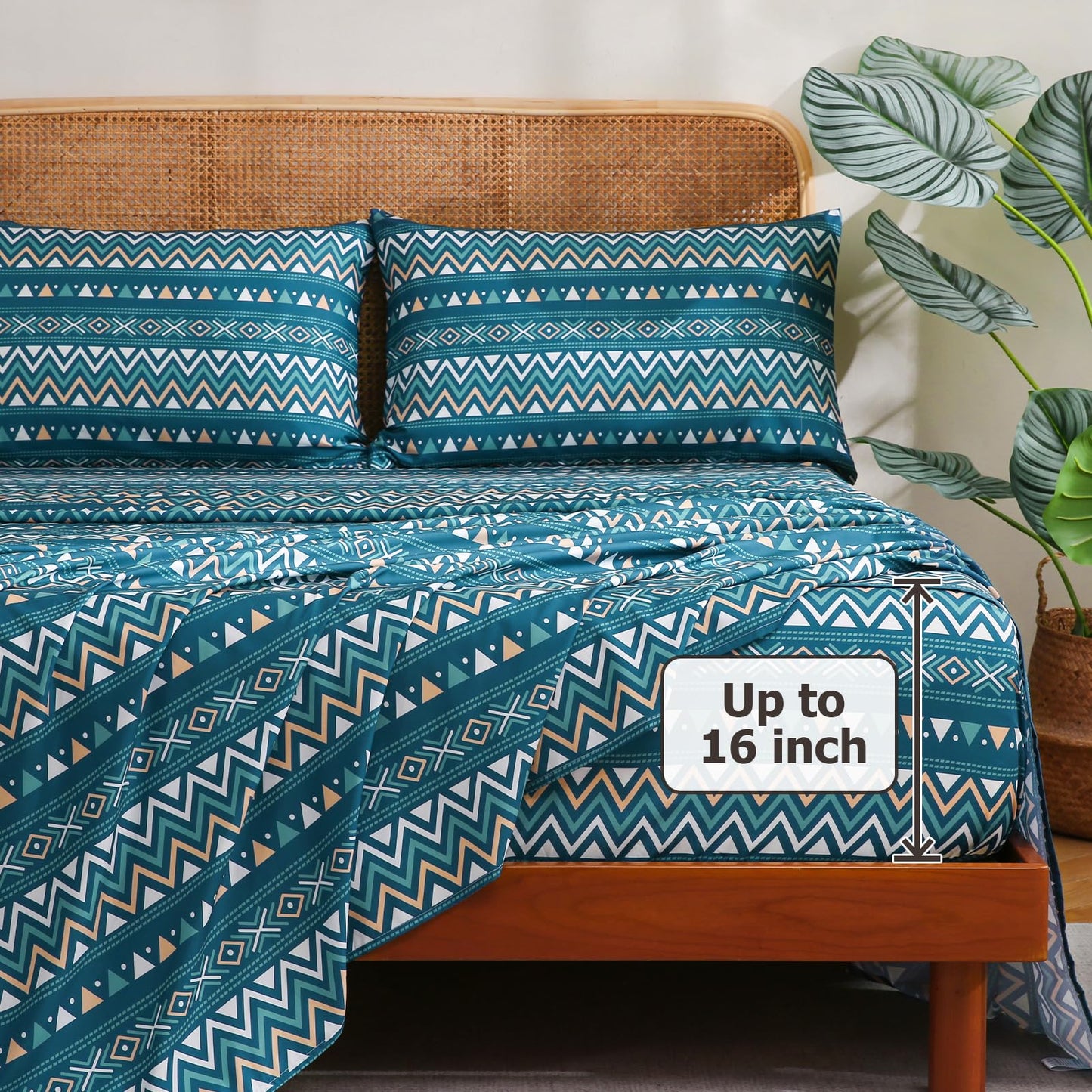 CozySmile Boho Sheet 4 Pieces Queen Sheet Set Bohemian,Queen Size Breathable Soft Microfiber Deep Pocket Bedding Sheet, Western Sheets Geometric(King, Teal Geometric)