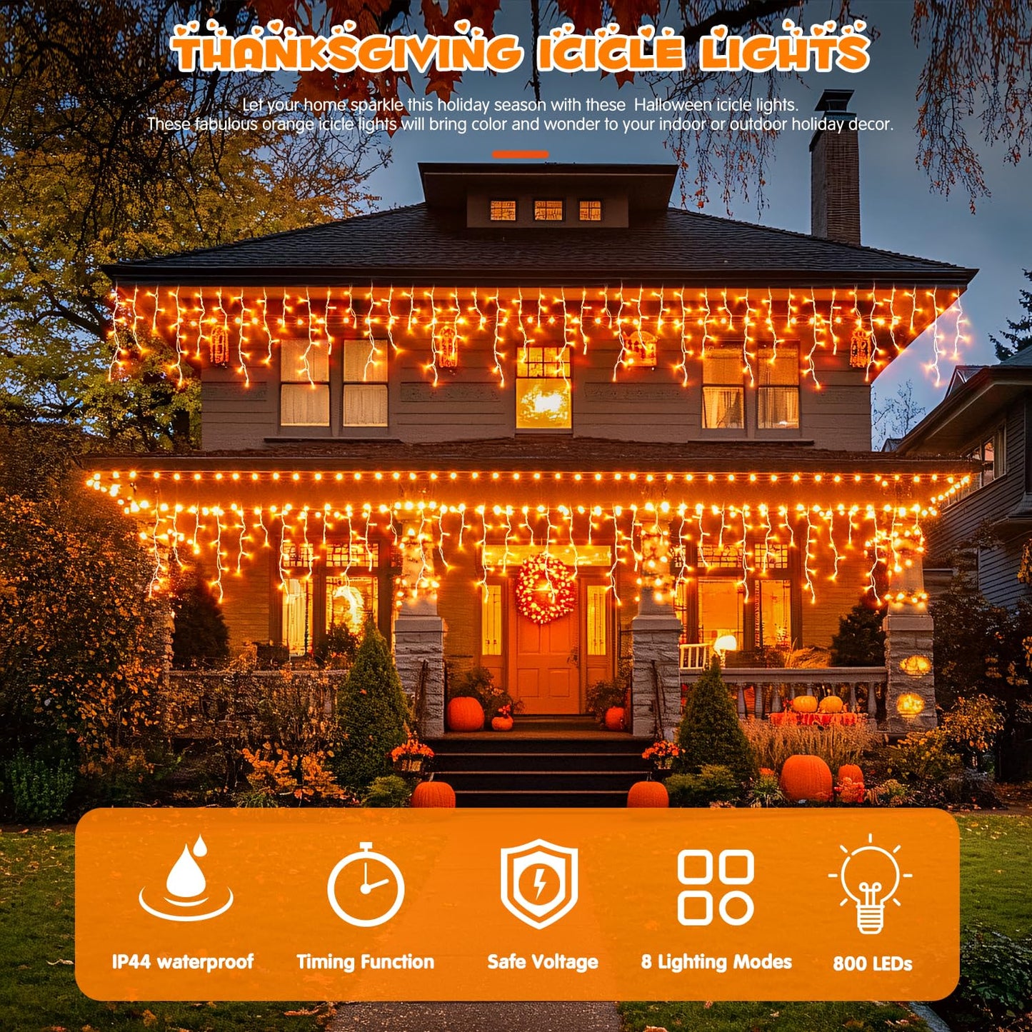 JMEXSUSS Orange Thanksgiving Lights Outdoor, 38.8 FT 400 LED Orange Icicle Lights Outdoor Waterproof, 8 Modes String Light Plug in for Fireplace Tree Garden Patio Thanksgiving Fall Halloween Decor