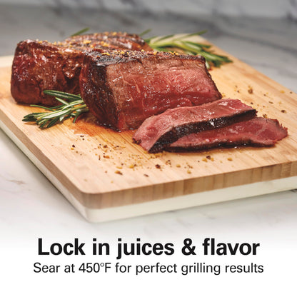 Hamilton Beach Electric Indoor Searing Grill with Viewing Window & Adjustable Temperature Control to 450F, 118 sq. in. Surface Serves 6, PFAS-Free Removable Nonstick Grate, Stainless Steel
