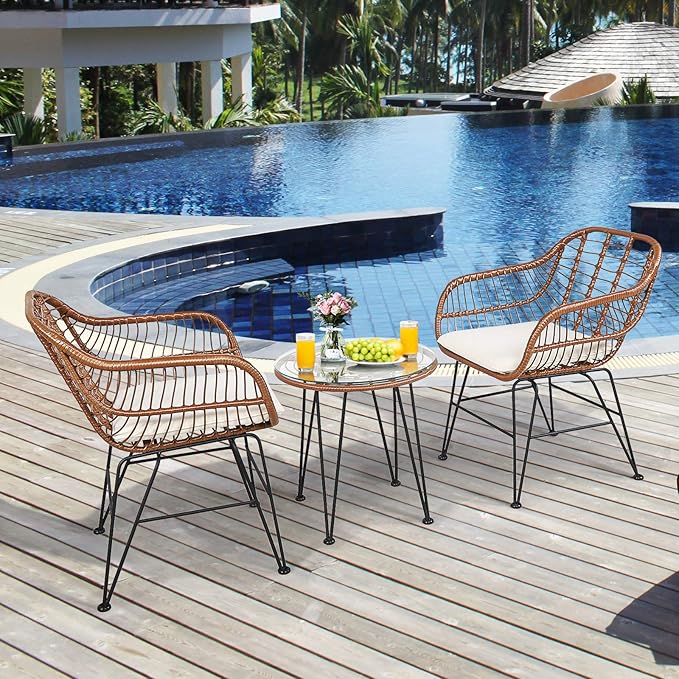 Tangkula 3 Pieces Patio Conversation Bistro Set, Outdoor Wicker Furniture