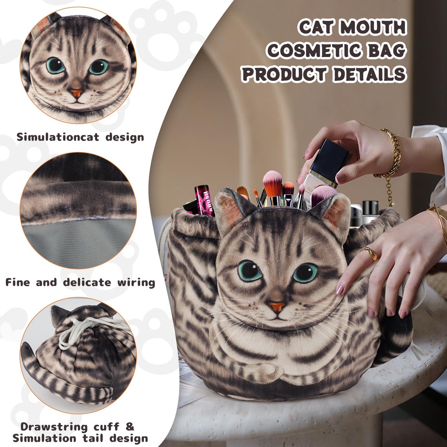 Cat Drawstring Makeup Bag,Flat Lay Make Up Bag,Portable Travel Cosmetic Bag Storage Organiser,Bag for Purse,Cat Gifts for Women/Girls/Cat Lovers