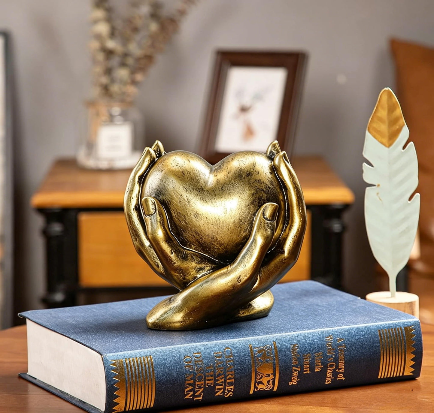 Gold Heart Hands Sculpture Boho Home Decor Accents Love Statue Living Room Decoration, Ideal for Coffee Table, Shelves, Home, Bedroom, Birthday, Wedding Love Table Decor