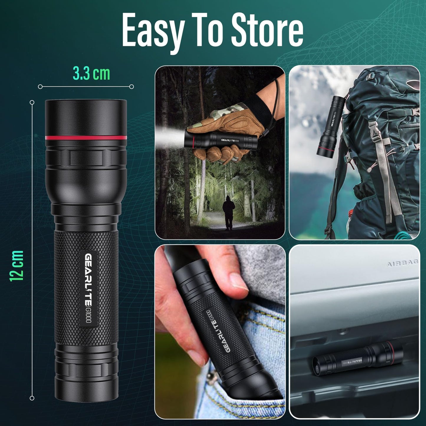 GEARLITE LED Torch Rechargeable, 2 Pack 2000LM Super Bright Adjustable Focus Flashlight, 3 Lighting Modes, Long Battery Life, Waterproof Pocket Size Torch for Power Cuts, Emergency