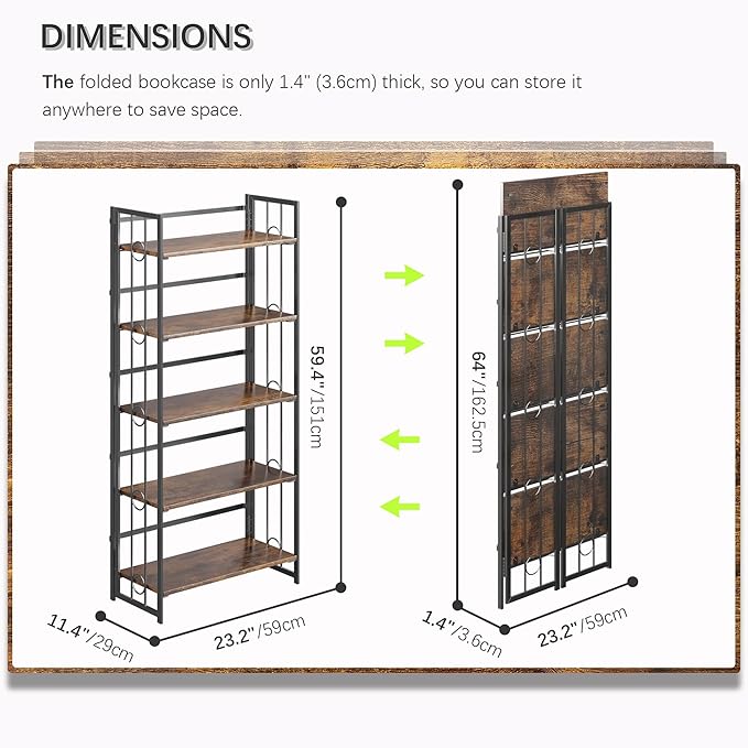 4NM No Assembly 5 Tiers Folding Bookshelf, 59.4" H Foldable Storage Shelves