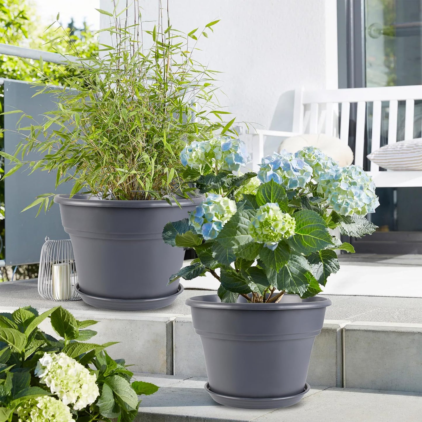 Myfeegoin 13-inch-Plant-Pots, 4 Pack Large Planters for Outdoor Plants, Plastic Flower Pots Indoor with Drainage Holes & Trays, Classic Garden Pot Container for House