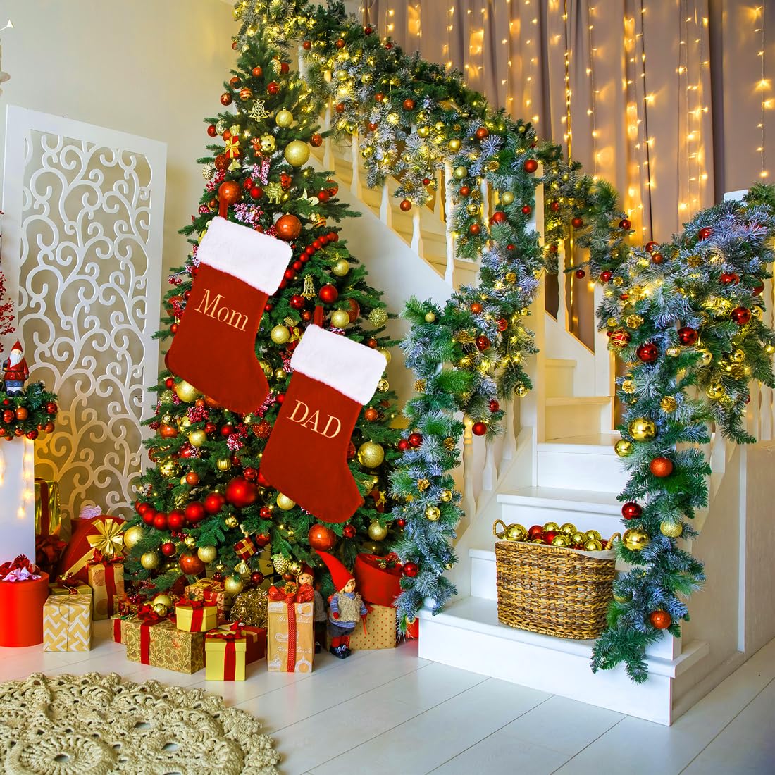20 Inches Monogram Christmas Stockings with Mom Letters, Large Super Soft Christmas Stockings Red Velvet with White Super Soft Plush Cuff for Christmas Xmas Tree Holiday Fireplace