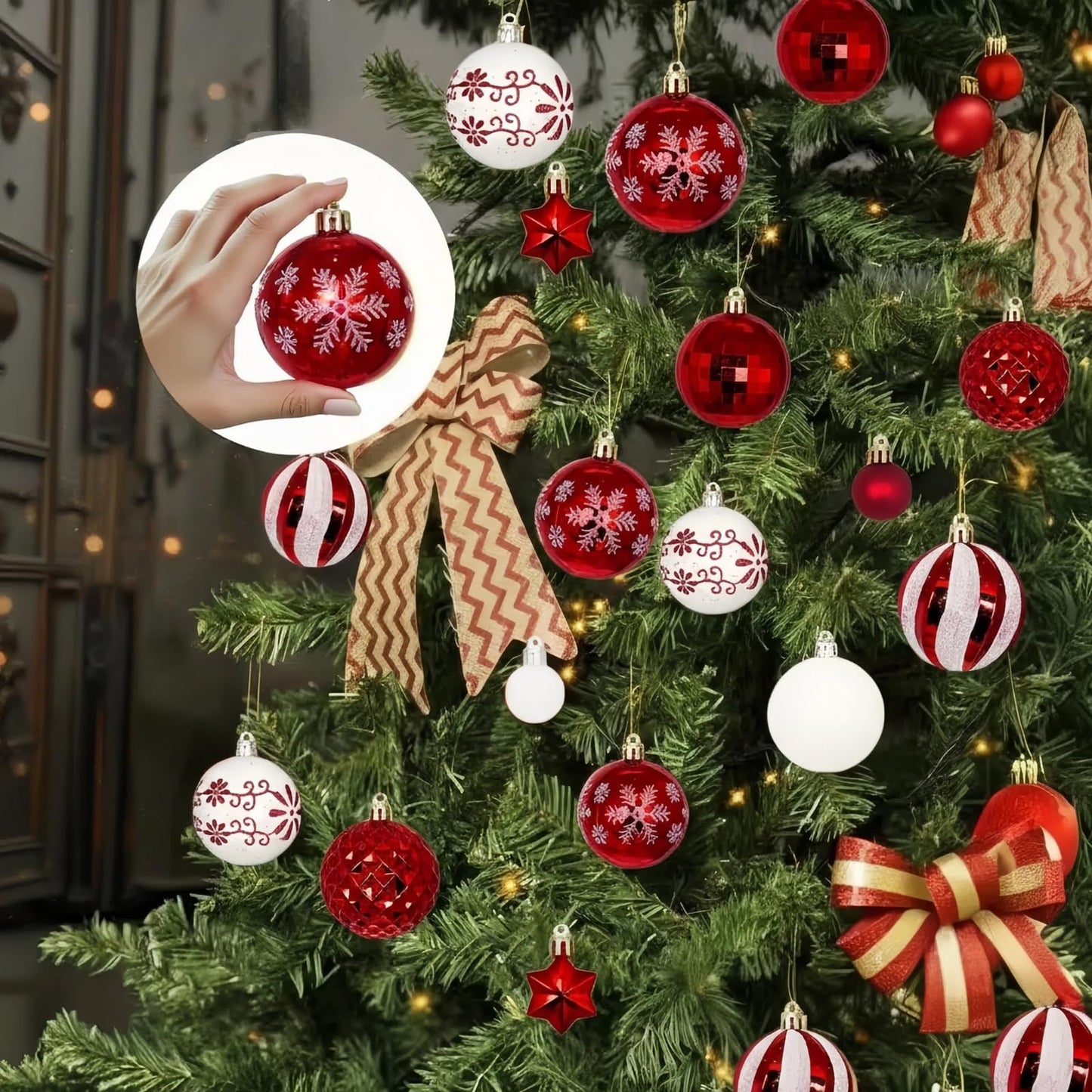 Zhticisic 44Pcs Plastic Christmas Tree Decorations Set,Shatterproof Hanging Xmas Ball Decorations for Holiday Decor(Red White)