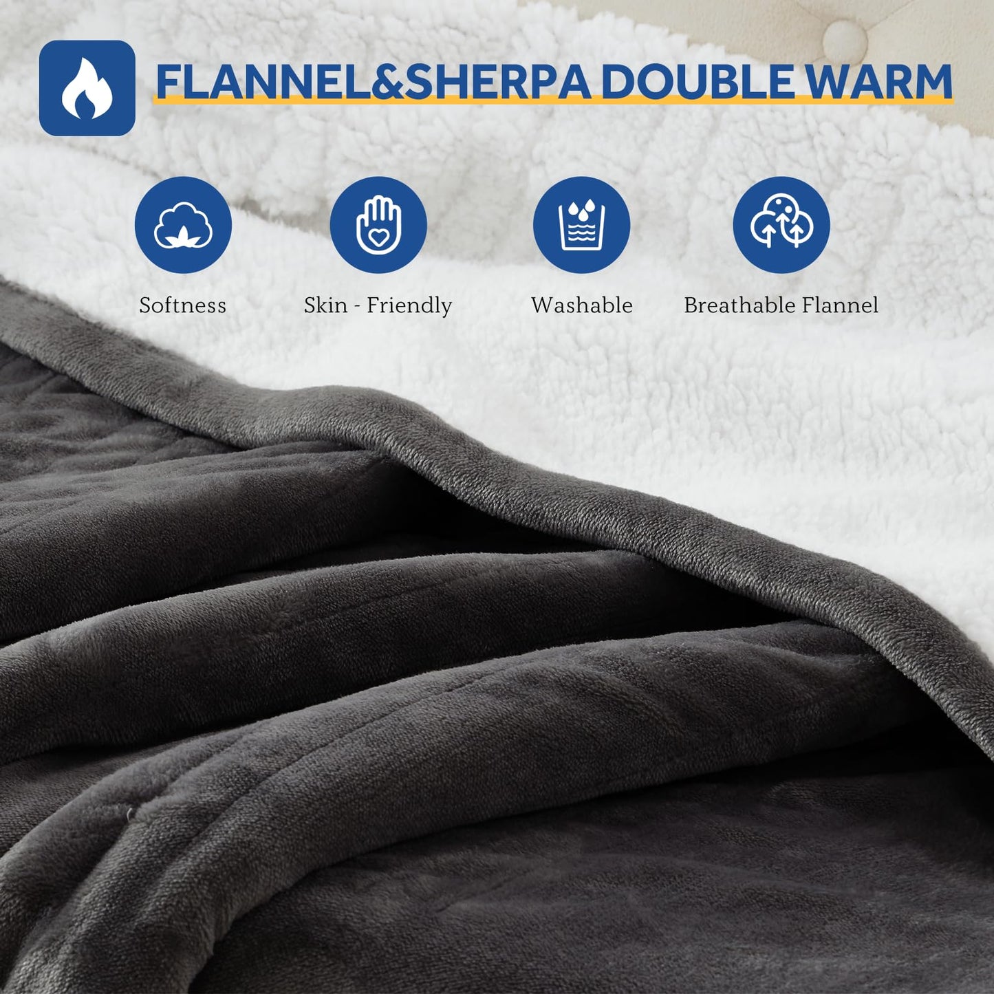 Sealy Electric Blanket Throw Size 50"*60",Super Cozy Flannel to Sherpa Reversible Heated Blanket Throw with 6 Heating Levels & 2-10 Hours Auto Off Overheating Protection Machine Washable,Beige