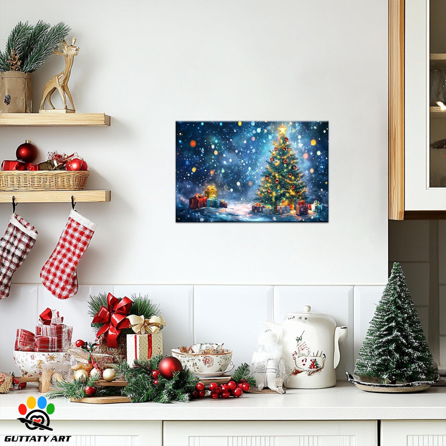 GUTTATY Christmas Canvas Wall Decor, Lighted Christmas Tree Wall Art, Christmas Gifts Pictures Wall Paintings, Winter Scene Wall Canvas Art for Living Room, Bedroom, Office 18x24 Inch
