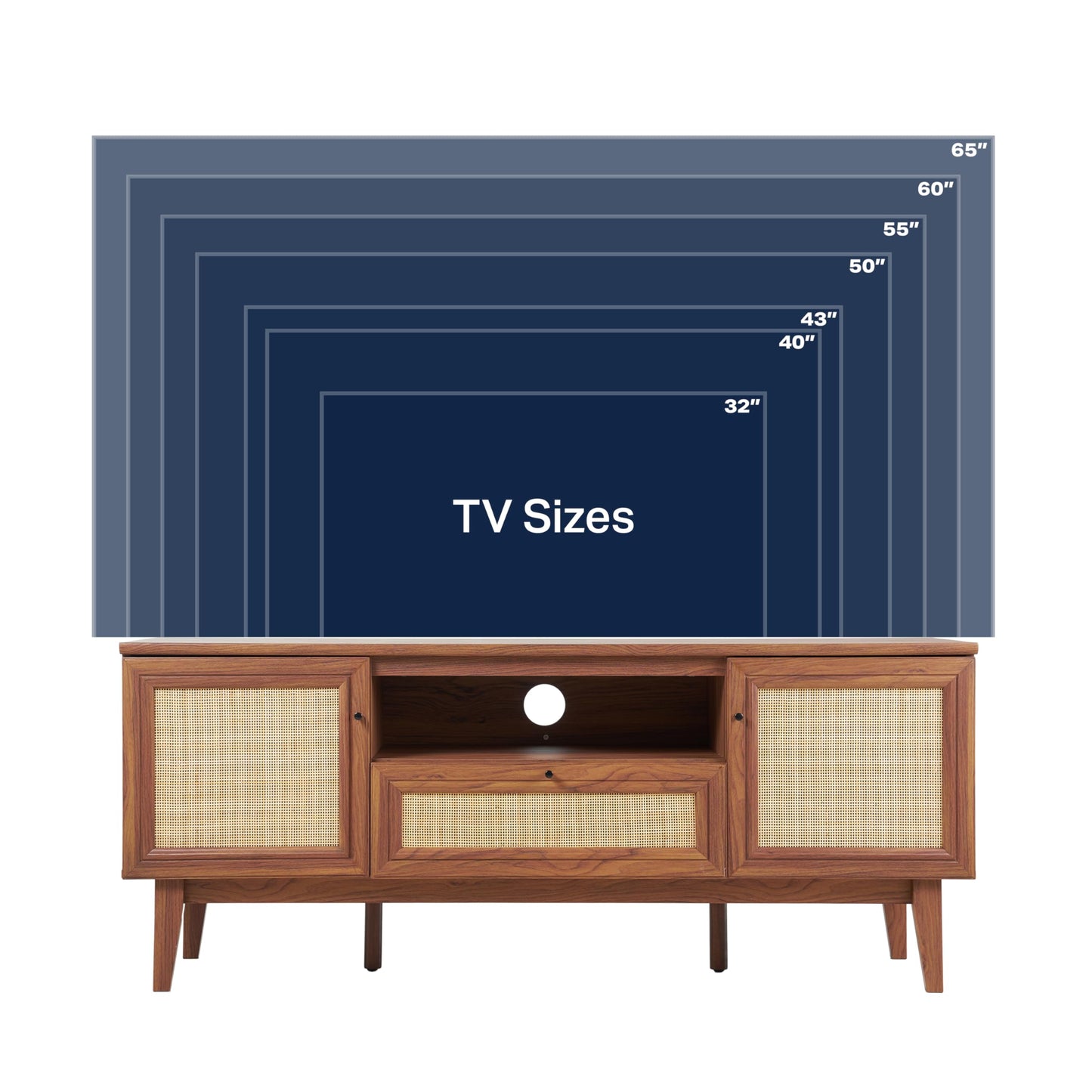 JONATHAN Y Finley 59" Mid-Century Walnut Rattan TV Stand for TVs up to 65 Inch, Wood Media Console with Woven Cane Soft-Close Doors and Drawer, Bohemian Entertainment Center for Living Room TVS1002B