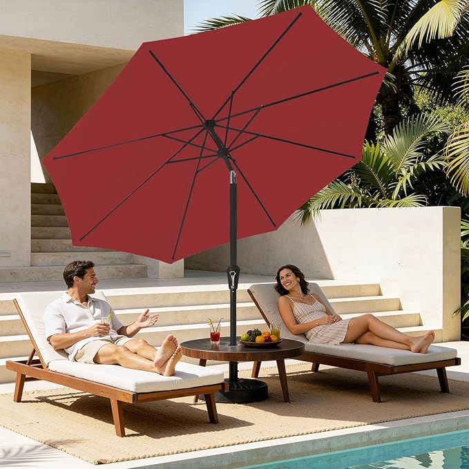 MEWAY 9ft Patio Umbrella Outdoor Table Umbrellas with Push Button Tilt and Crank, Market Umbrella 8 Sturdy Ribs for Deck, Garden, Pool and Backyard, Red