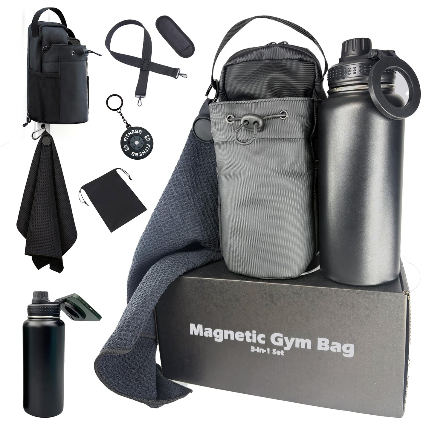 Magnetic Gym Bag Bundle 3-in-1: Sling Bag with 32oz Water Bottle & Phone Holder, Magnetic Towel & Pouch – Small Gym Bag for Men Women
