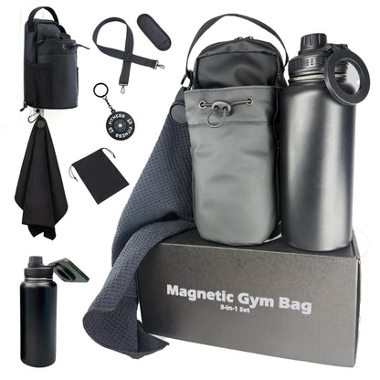 Magnetic Gym Bag Bundle 3-in-1: Sling Bag with 32oz Water Bottle & Phone Holder, Magnetic Towel & Pouch – Small Gym Bag for Men Women