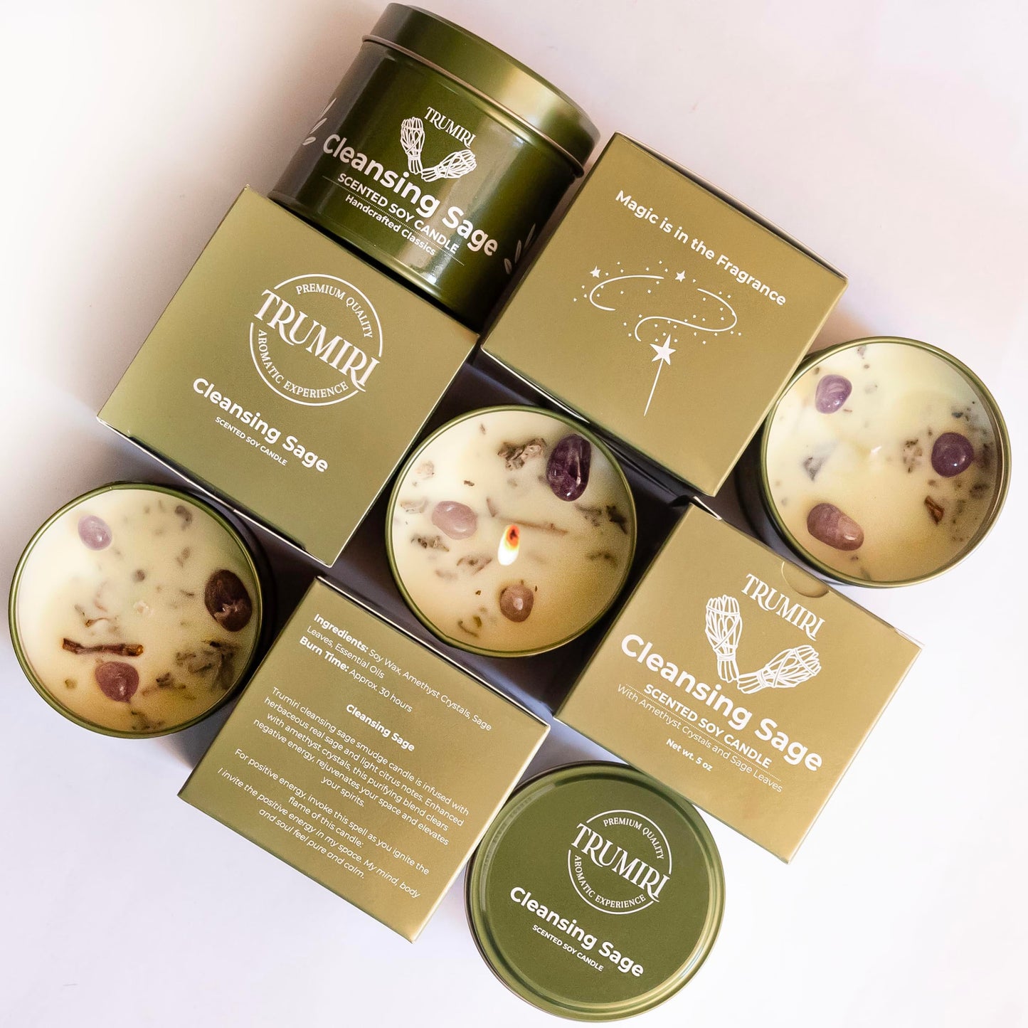 Sage Candle for Cleansing House Negative Energy Smudge Kit - 5oz Soy Wax Natural Clean Organic Non Toxic - Aromatherapy Spiritual Meditation Gifts - Long Lasting Highly Scented Candel with Crystals