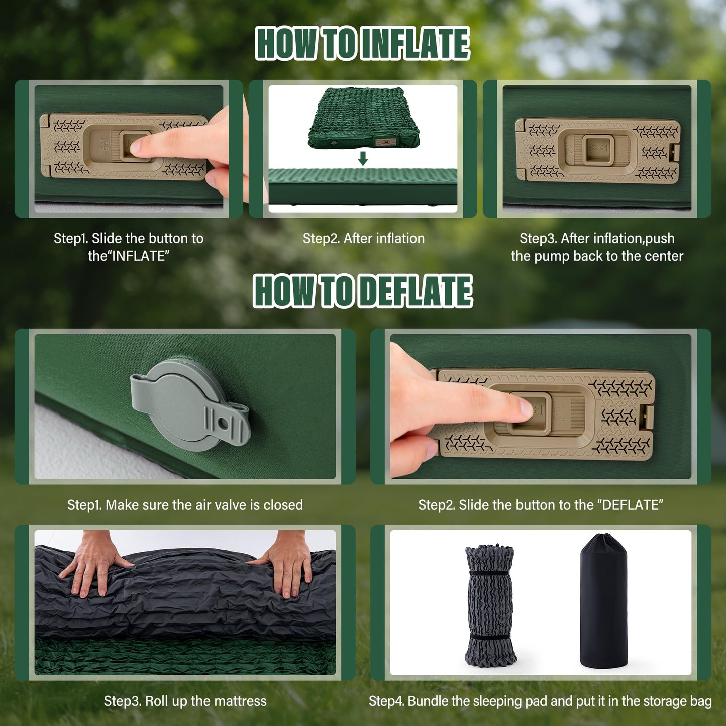Self Inflating Double Sleeping Pad for Camping with Electric Pump 4 Inch Ultra Thick Memory Foam 2 Person Inflatable Sleeping Pad All Season Full Size Portable Camping Mattress for Travel,Tent (Green)
