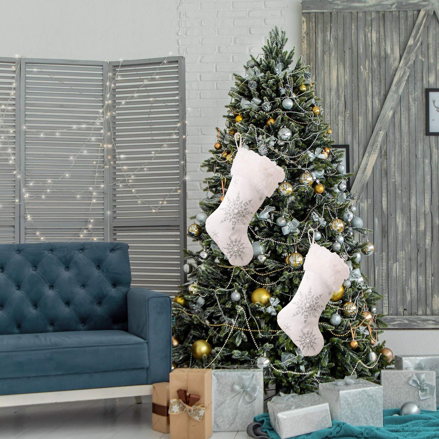 Ushinemi Christmas Stockings Large White Christmas Stocking with Silver Snowflake Cross Stitch, Fur, 2 Pack