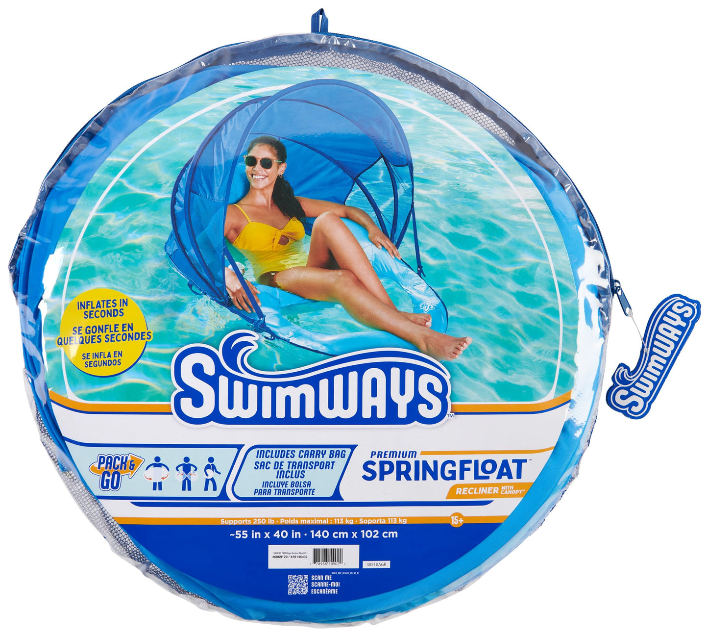 SwimWays Spring Float Premium Recliner Pool Lounge Chair with Adjustable Canopy and Hyper-Flate Valve, Blue