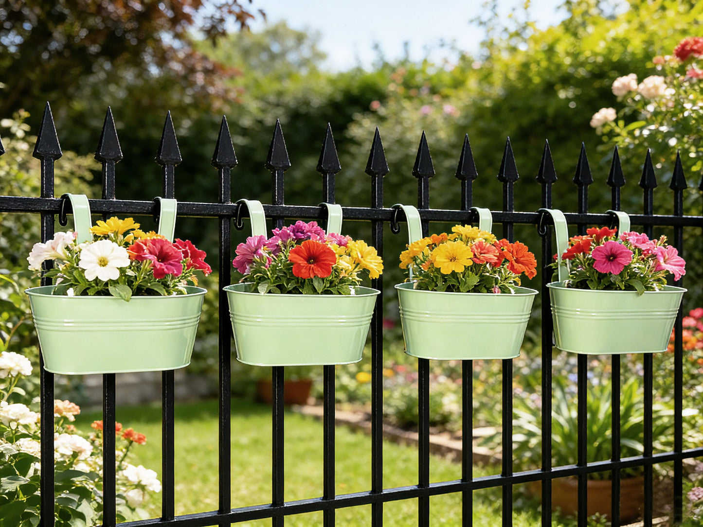 Joyfernal Balcony Hanging Planters Flower Pots, 10" Metal Flower Pots for Outdoor Balcony Rails, Fence Pot Hanging Plant Holders with Detachable Hooks for Garden Patio Yard Decor (Mint Green, 4Pcs)