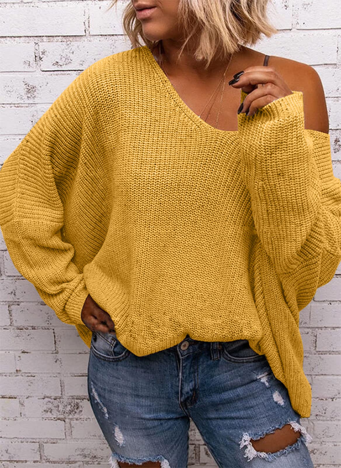 BZB Women's V Neck Long Sleeve Knit Loose Oversized Pullover Sweater Top