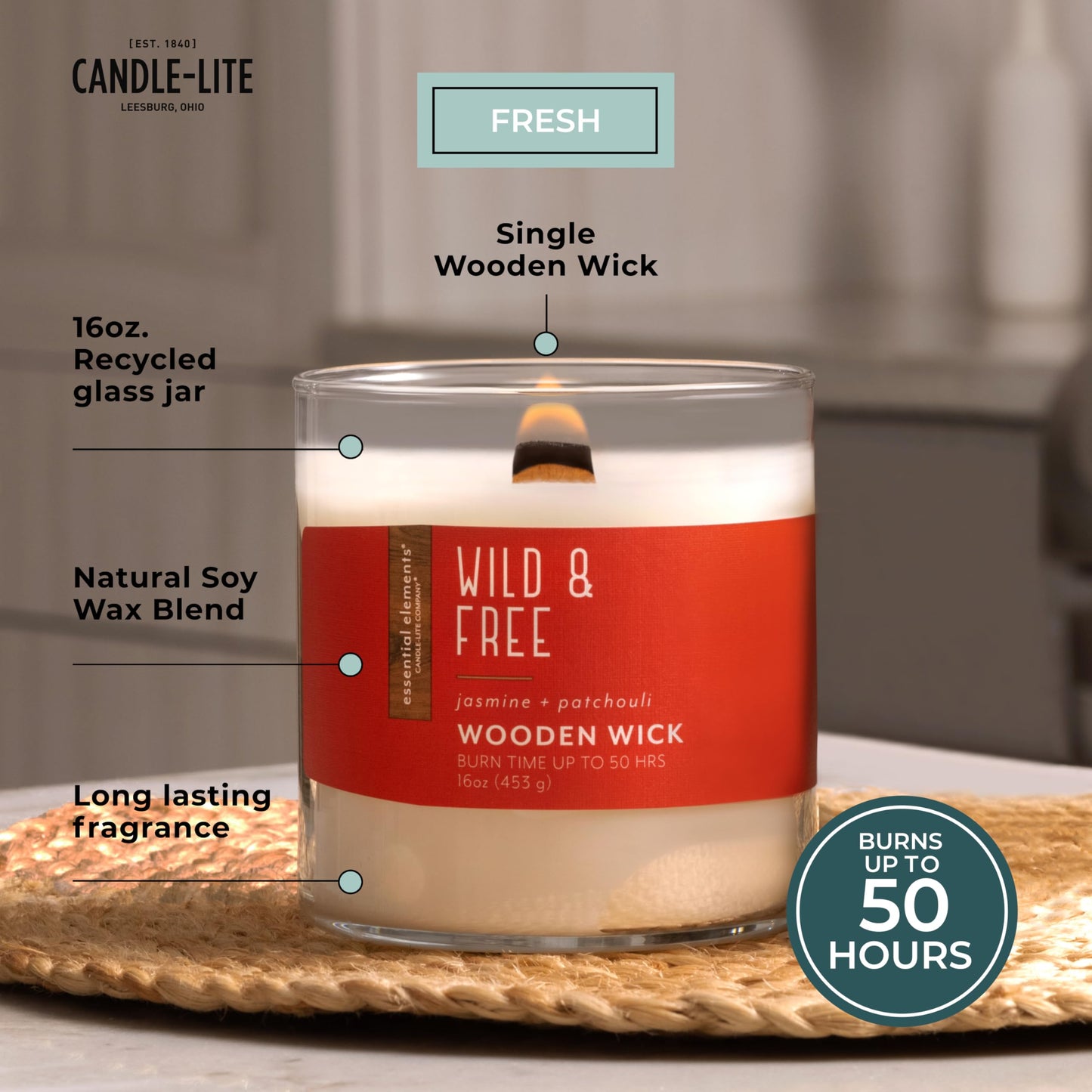 Candle-lite Essential Elements Scented Candles, Wild & Free, 16 oz Jar, Proudly Poured in The USA, Aromatherapy, Single-Wick with 50 Hours of Burn Time, Perfect for Creating a Relaxing Ambiance