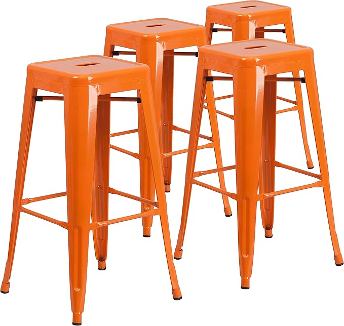 Flash Furniture Lily 4 Pack Commercial Grade 30" High Backless Orange Metal