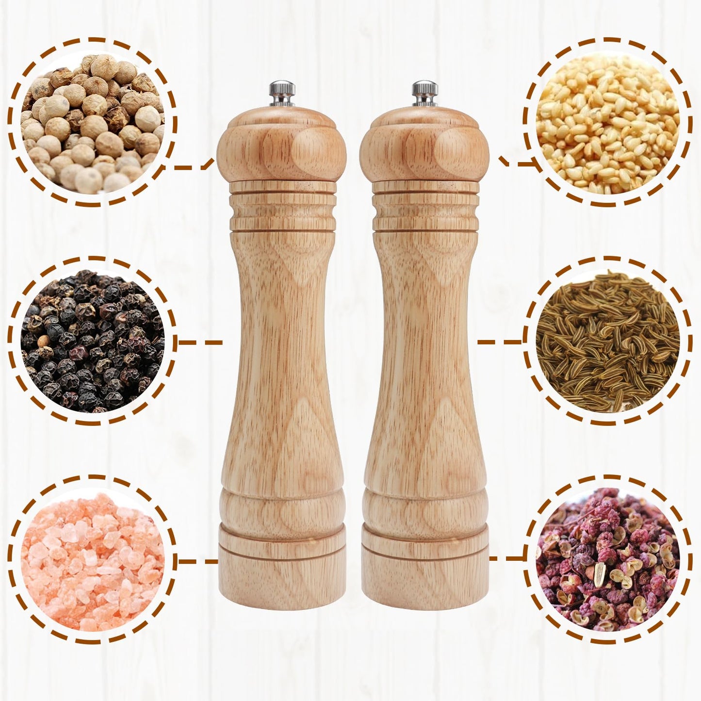 Gulex® Wood Pepper Grinder Pepper Mill,Adjustable Coarseness 8 Inch Wooden Peppermill, Ceramic Grinding Mechanism Salt Mill Refillable (1 pack) (Light-2PC)