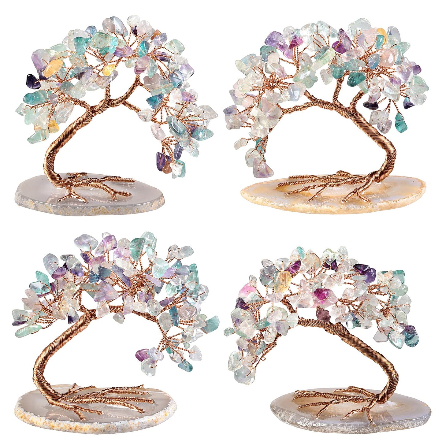 mookaitedecor Natural Fluorite Crystal Money Tree Agate Slice Base Feng Shui Bonsai Crystal Tree for Wealth Luck Desk Decor, 3-4 Inch High