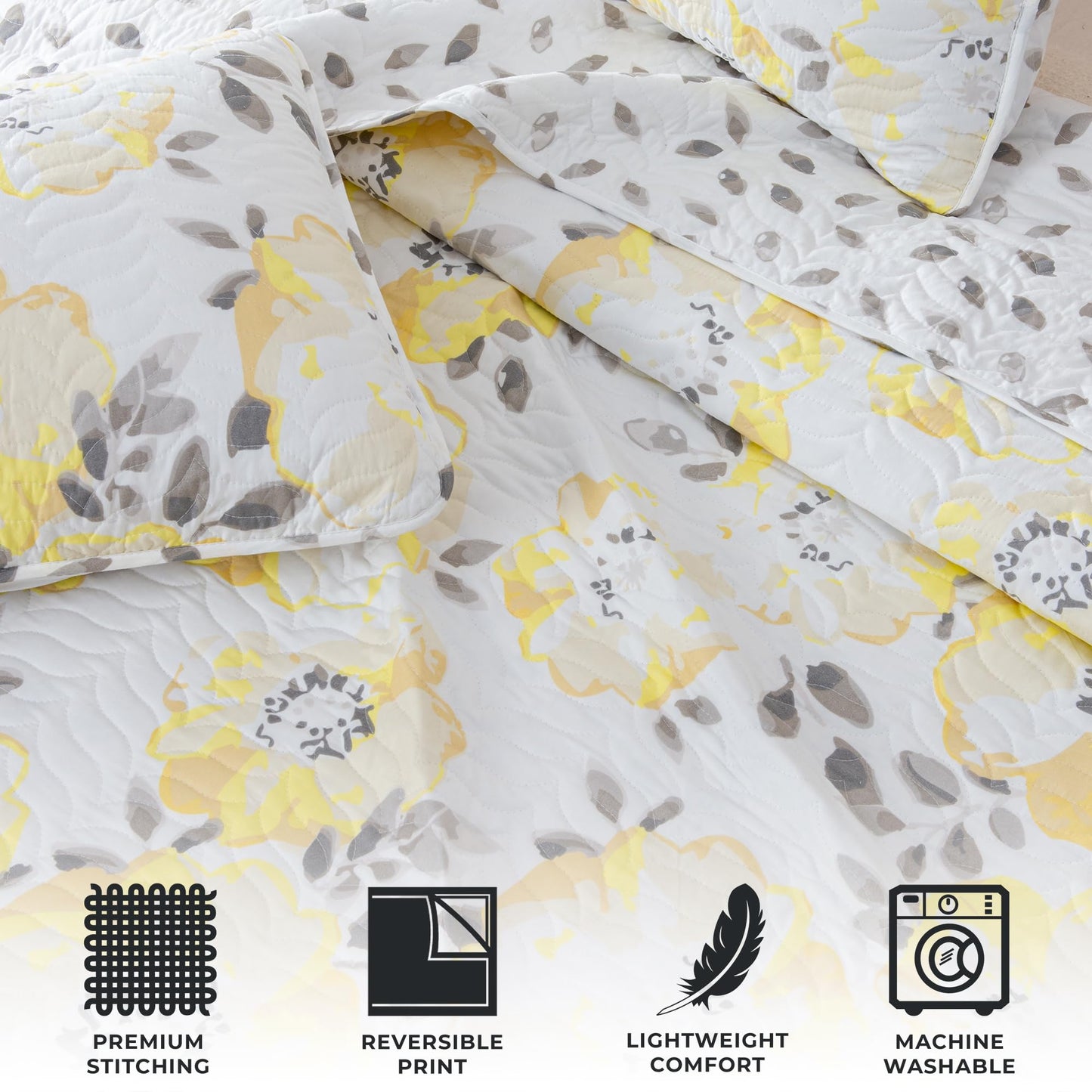 Great Bay Home Floral King Quilt Set with Shams, Yellow Floral Bedding Set, All-Season, Lightweight Bedspread. Reversible. Farmhouse Bedding. (King, Helene)