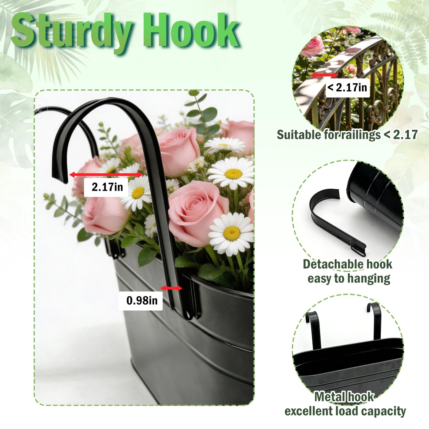 SYITCUN Metal Railing Planter Boxes 16 Inch, 3-Pack Adjustable Hanging Flower Pots for Balcony, Deck, Porch & Fence, Detachable Hook Design, Black Heavy Duty Planters for Outdoor
