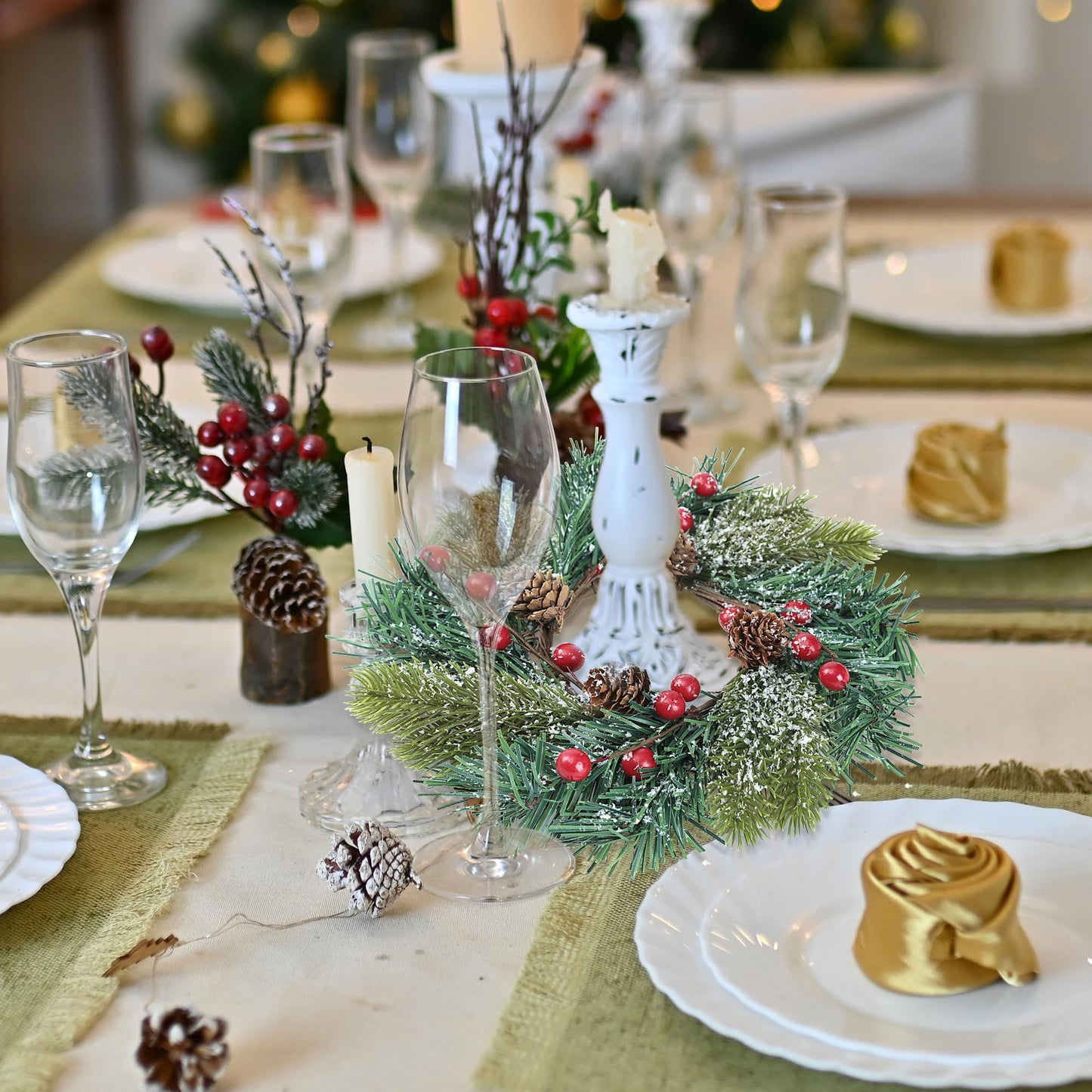 Sggvecsy 4 Pcs Christmas Candle Rings Norfolk Pine Wreath Table Centerpieces Artificial Red Berries Pinecones Small Wreaths Kitchen Cabinets Pillars Mini Candle Rings for Window Front Door Decor