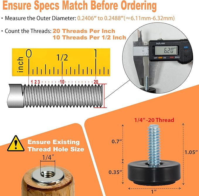 1/4-20 Adjustable Furniture Leveler, 12 Pack Rubber Leveling Feet Screws in