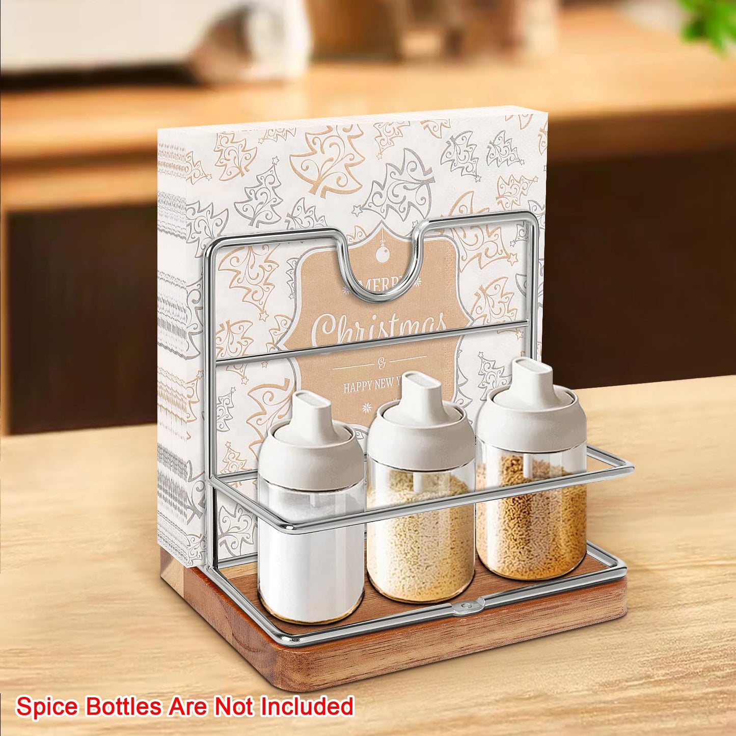 Livabber Napkin Holder, Metal Napkin Storage with Salt and Pepper Shakers Caddy Modern Napkin Dispenser for Table Kitchen Countertop, Not Including Salt and Pepper Shakers (Middle Wooden, Chrome)