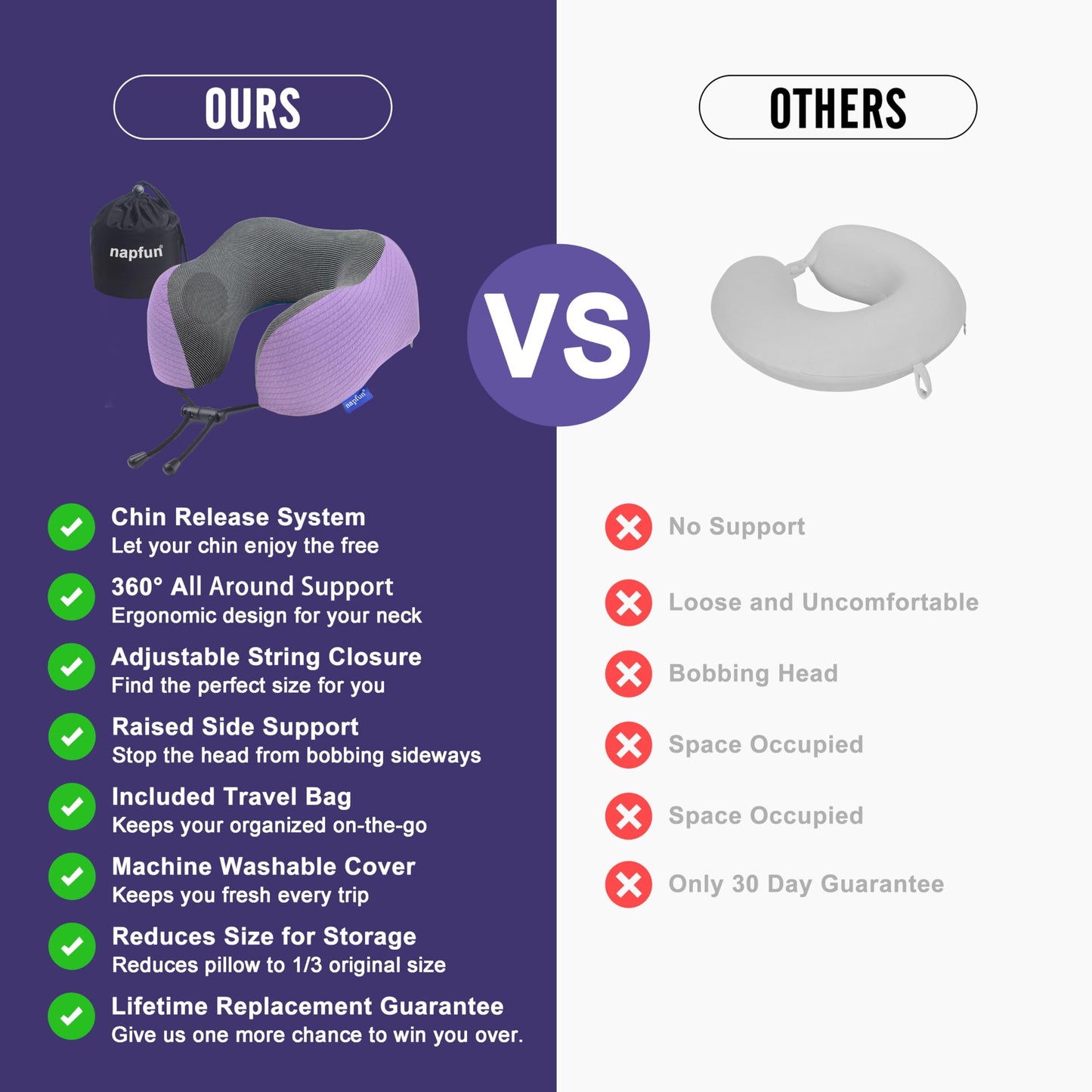 napfun Neck Pillow for Traveling, Upgraded Travel Neck Pillow for Airplane 100% Pure Memory Foam Travel Pillow for Flight Headrest Sleep, Portable Plane Accessories, Light Grey