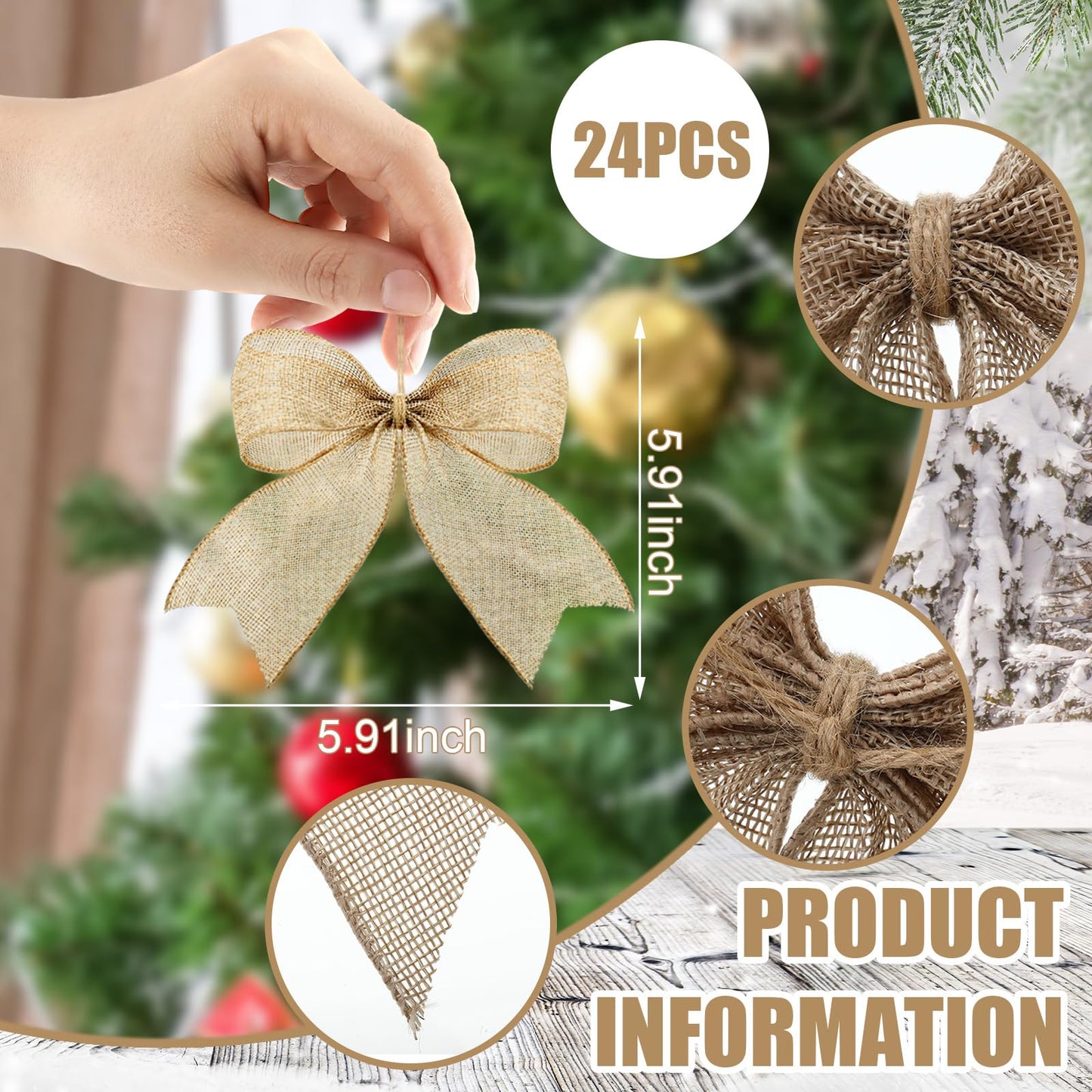 Suncalla 24 Pcs Burlap Christmas Bows Decoration 5.9 Inch Christmas Tree Rustic Ornament Natural Burlap Ribbon Bow Knot for Xmas Tree Wreath Holiday Party Decorations (Neutral)